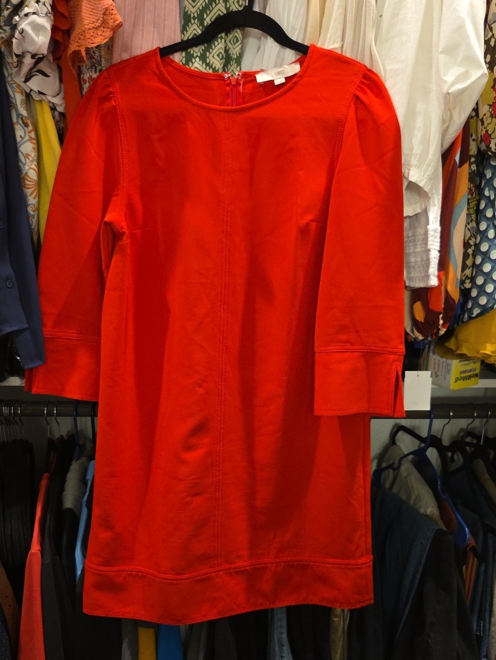 LOFT Bright Red Casual Shift Dress with 3/4 Sleeves